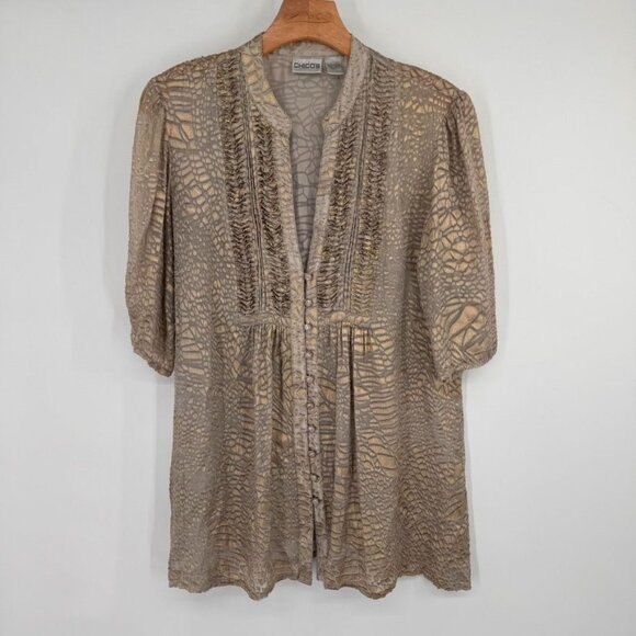 Chicos 1 Animal Print semi Sheer burnout Tunic 3/4 Sleeves Size medium Gold - Picture 4 of 11